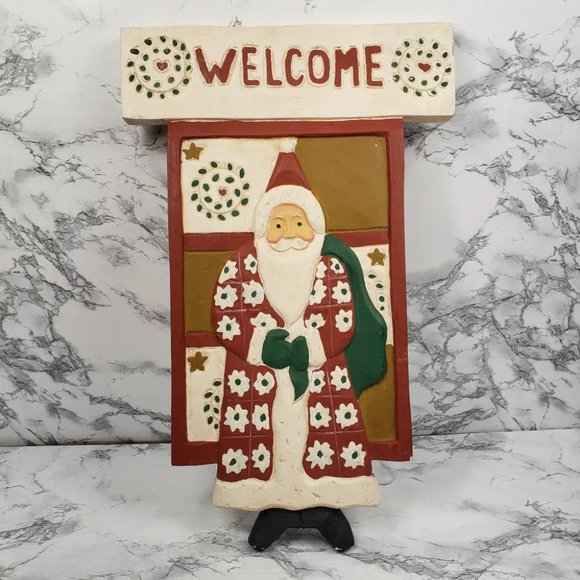 Christmas Santa Welcome Sign Hand Carved Wood Vintage - Picture 1 of 9